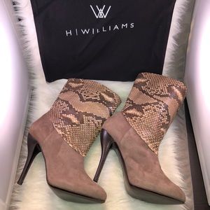 H Williams Suede and Snake Print Leather Bootie
